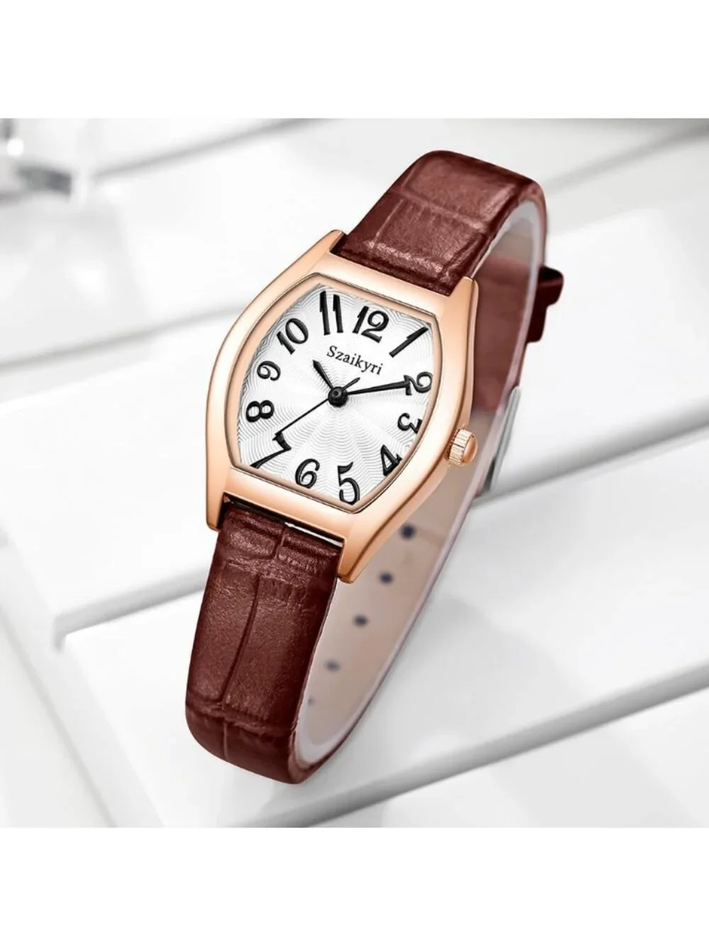 Women's Brown-Rose Gold Barrel-Shaped Easy Read Arabic Numerals Dress Watch